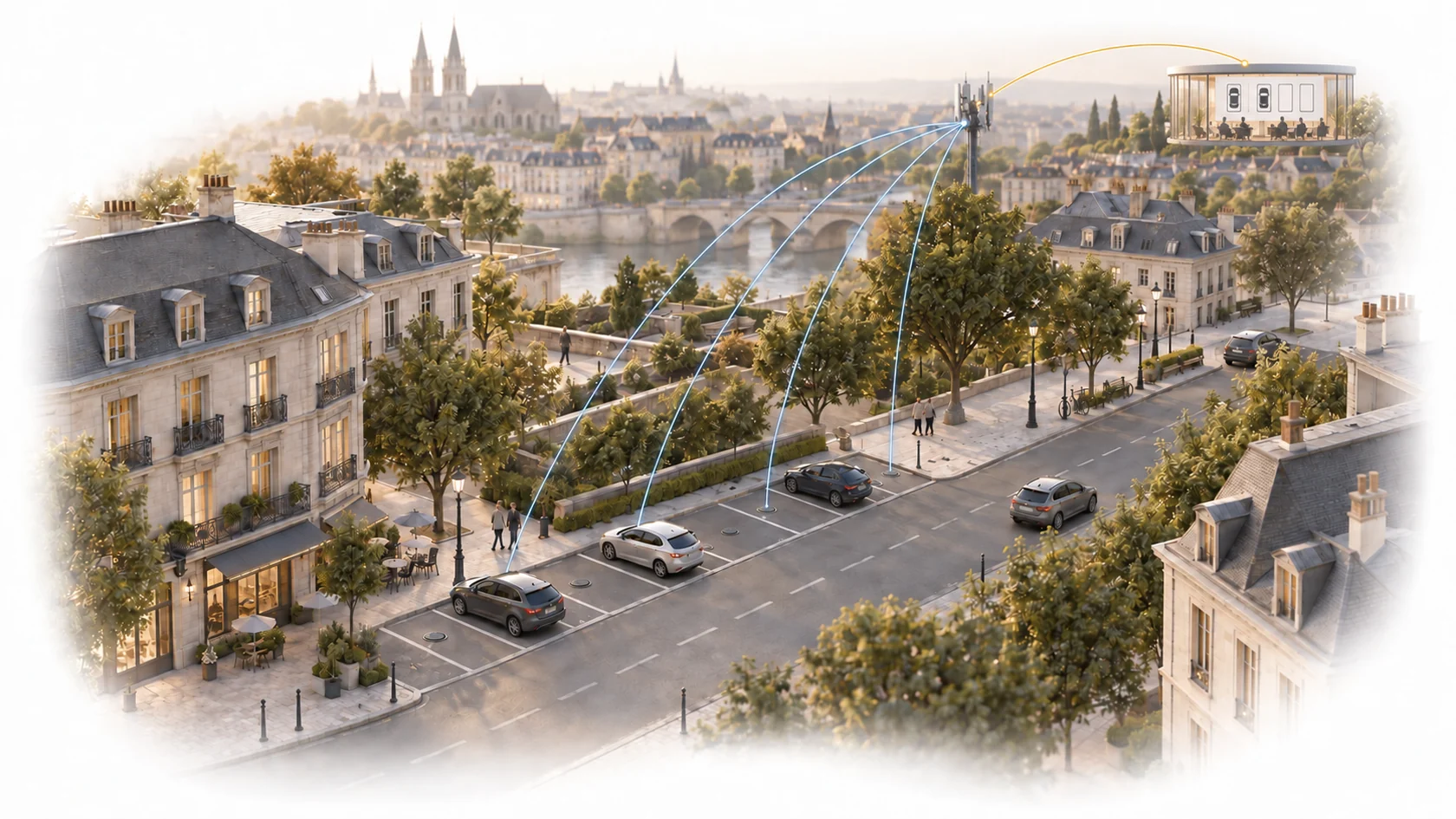 A parkolóhelyek közepébe süllyesztett IPS-404 érzékelők közvetlen NB-IoT kapcsolata és a szabad, illetve foglalt helyek központi megjelenítése.