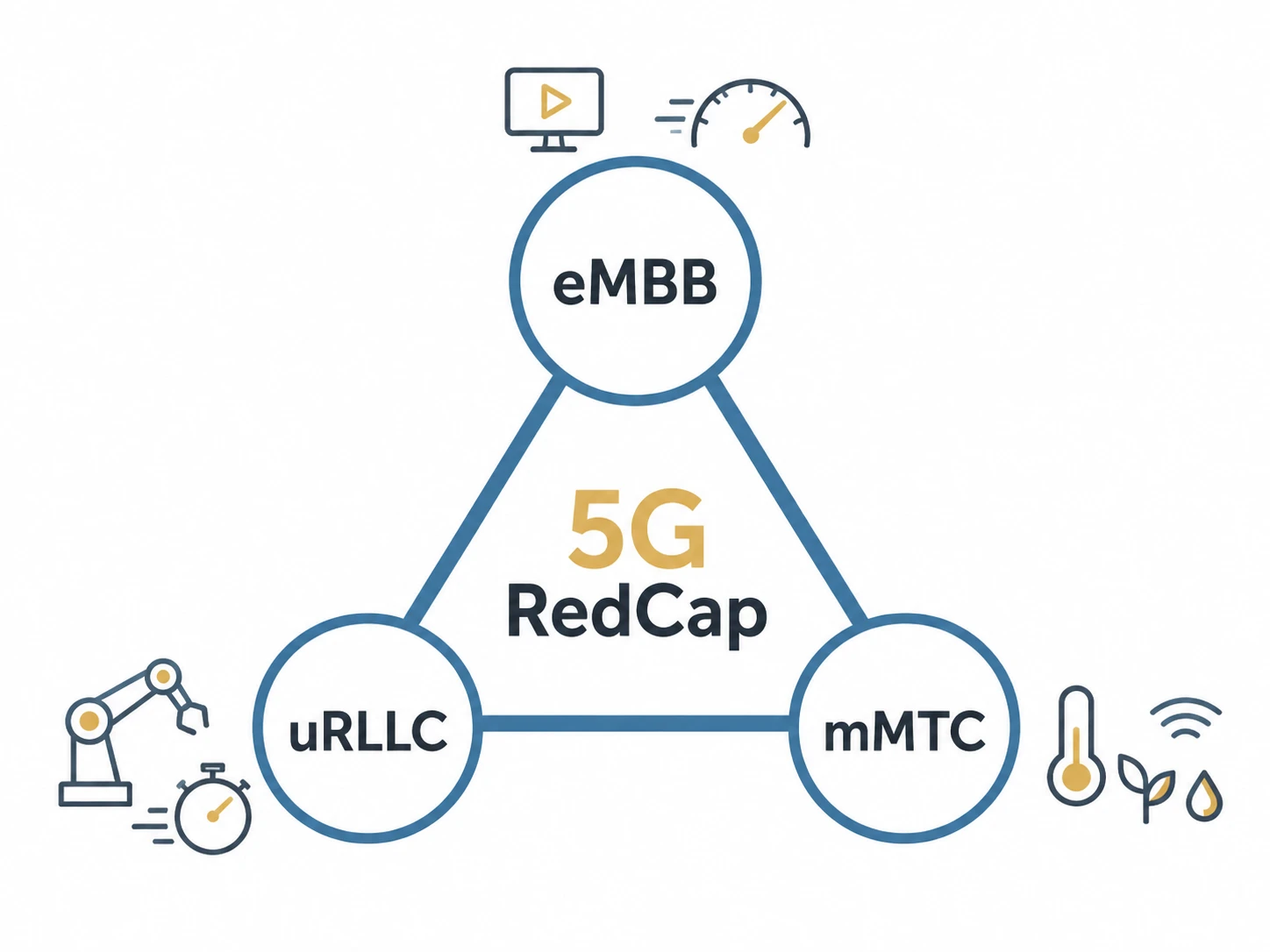 Az 5G RedCap helyét szemléltető háromszög az eMBB, uRLLC és mMTC kommunikációs profilok között