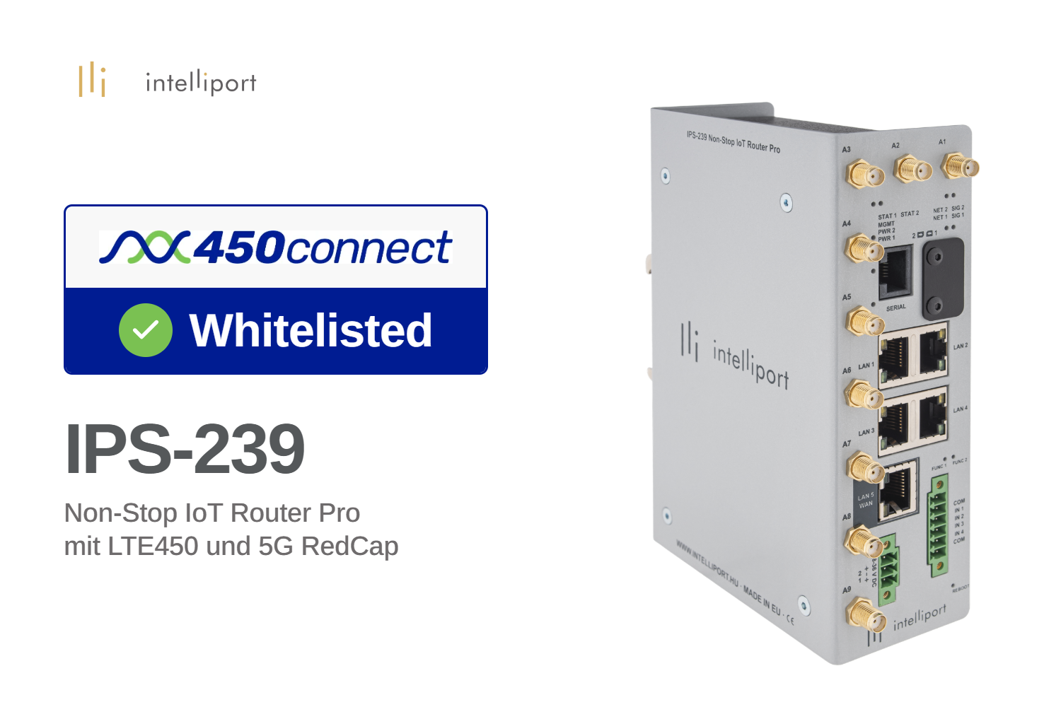 Frontansicht des Intelliport IPS-239 Non-Stop IoT Router Pro, gekennzeichnet als freigegeben für das deutsche 450connect-Netz