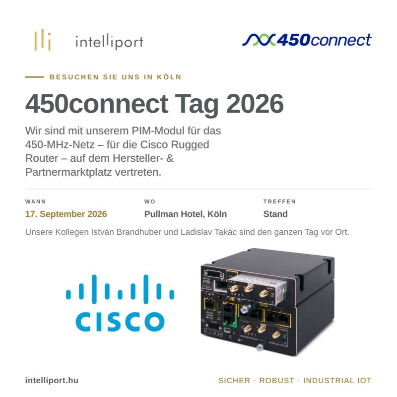 A 450connect Tag 2026 eredeti német nyelvű eseménygrafikája a Cisco routerhez kapcsolódó P-LTE-450 modullal